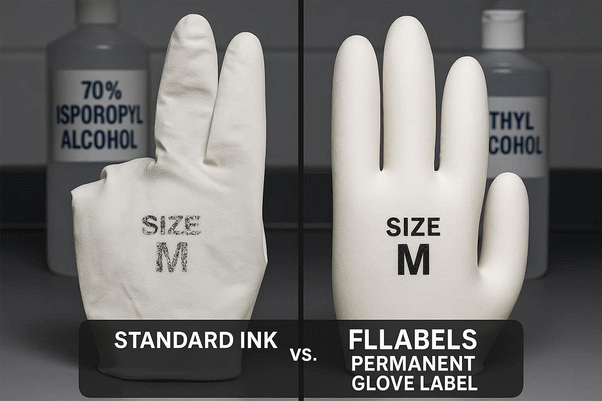 FLLabels glove labels withstand 50+ alcohol wipes without smudging – compared to failing standard ink labels