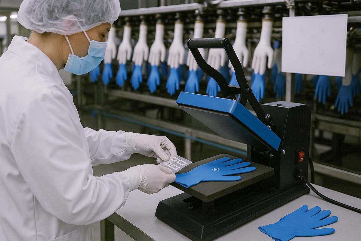 Glove label application process – heat transfer labels applied to finished nitrile gloves in ISO 13485 certified facility by FLLabels