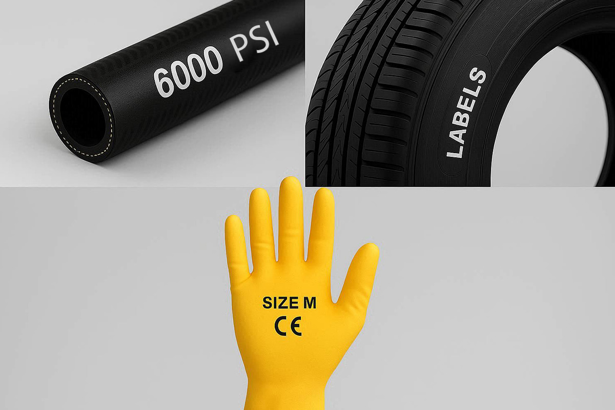 Vulcanizable labels applied to hydraulic hose, tire sidewall, and nitrile rubber glove – demonstrating versatility across rubber products