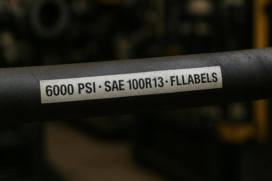 Correct placement of vulcanizable hydraulic hose label on middle section – showing 6000 PSI and R13 type from FLLabels