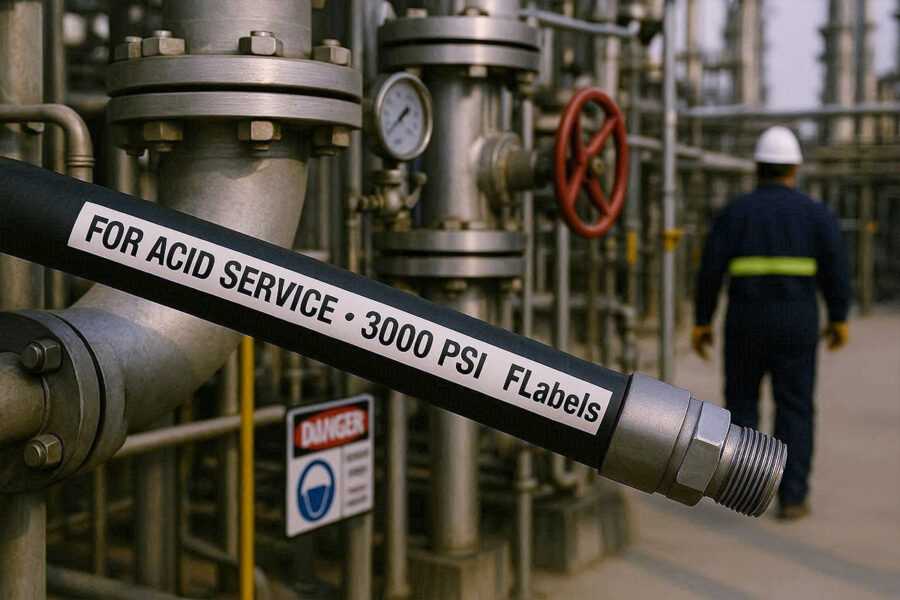 Vulcanizable industrial hose label in oil & gas chemical processing plant – acid-resistant, high-pressure identification from FLLabels