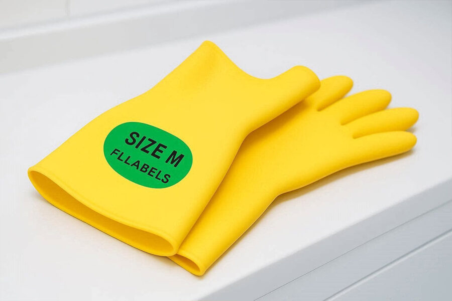 Permanent vulcanizable label on nitrile rubber glove showing size, CE mark and material type from FLLabels – survives autoclaving and chemical exposure
