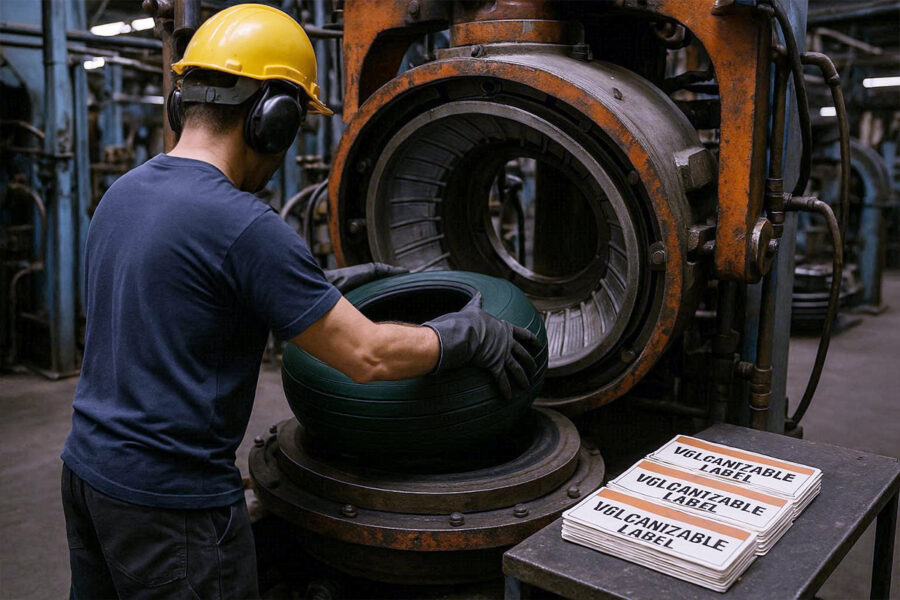 Tire label application process in rubber tire factory – vulcanizable labels placed before curing for permanent identification