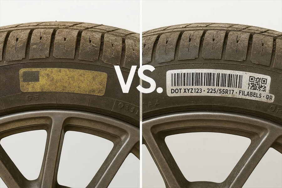 Comparison of durable vulcanized tire label versus faded surface sticker after years of road use – FLLabels permanent solution