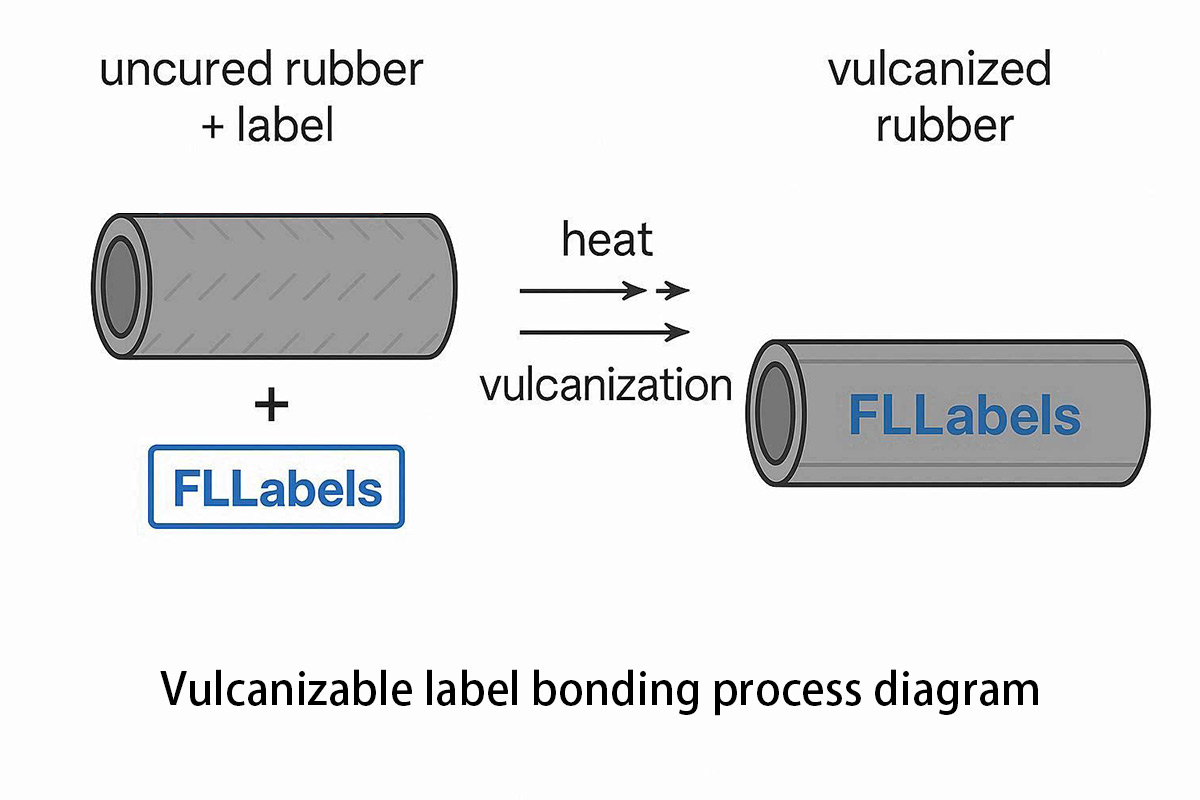 Technical diagram of vulcanizable rubber label bonding process during curing – showing ink transfer from release film to rubber surface