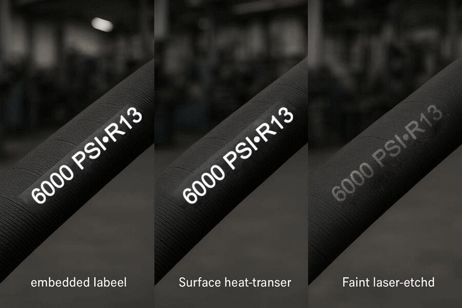 Comparison of vulcanizable, heat transfer, and laser marking on hydraulic rubber hose – FLLabels durability demonstration