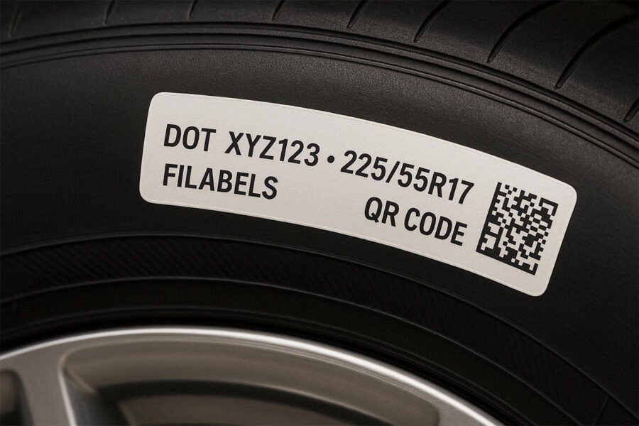 Vulcanized tire label embedded in rubber sidewall showing DOT code, tire size, and QR code for traceability from FLLabels