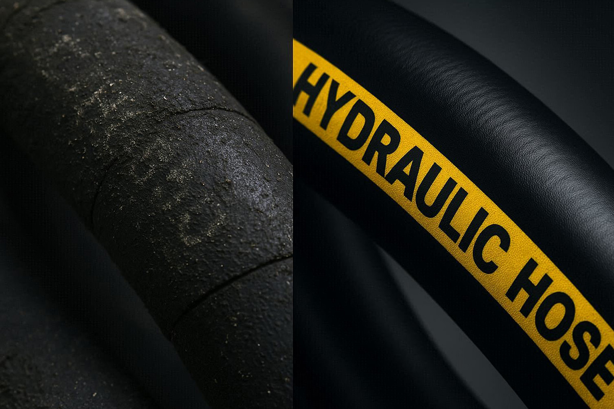 Comparison of faded inkjet layline vs bright vulcanized transfer label on hydraulic hose