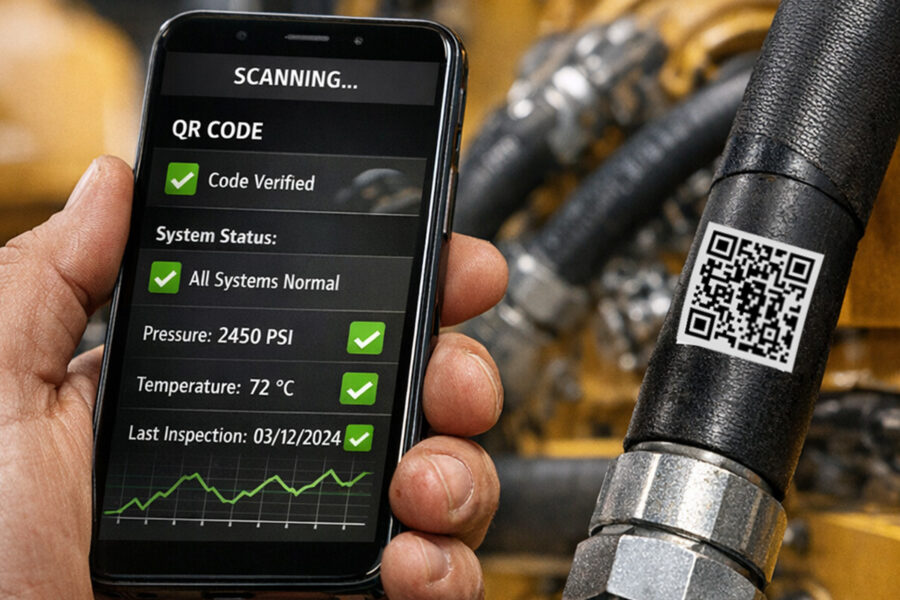 Engineer scanning a QR code on a hydraulic hose for full traceability