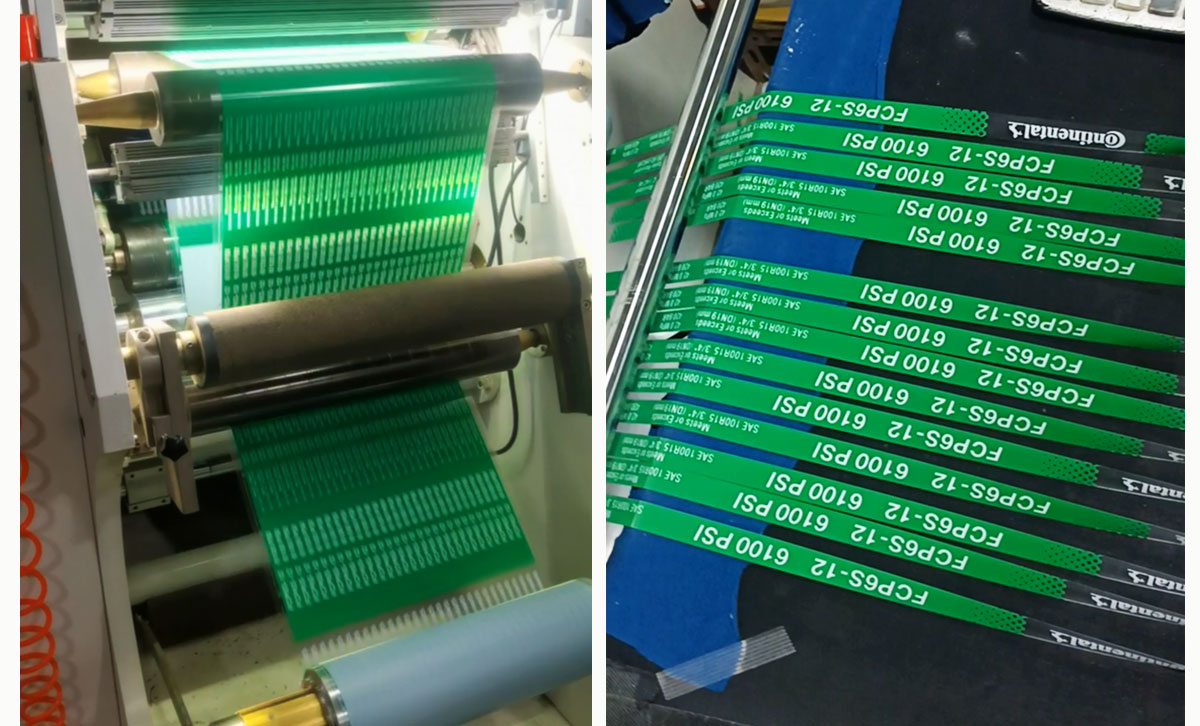 Cleanly peeled vulcanized rubber hose label after 170°C steam vulcanization with no residue or blur