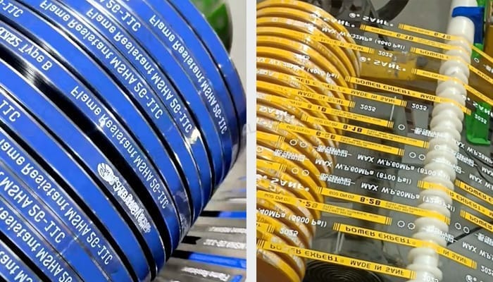 Hydraulic Hose Identification Labels Closeup,left is blue label, right is yellow label