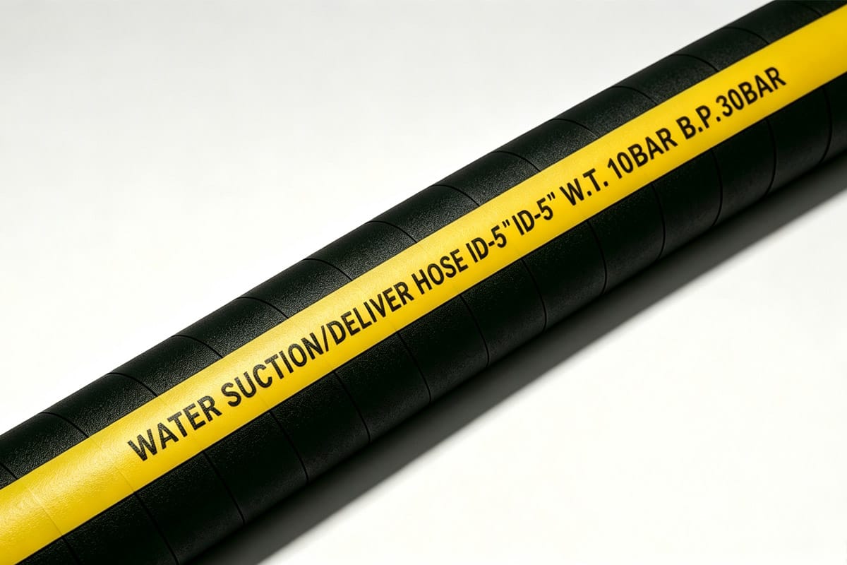 Water hose branding label cured into rubber surface during vulcanization